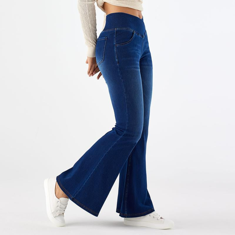 Oqqfitness Women'S High Waisted Crossover Bell Bottom Jeans Stretchy Denim with Pockets Flare Leggings Trendy Streetwear Basic Fitted Style