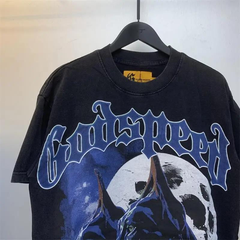 GODSPEED Retro Graffiti Heavy Water Washed Vintage Doberman Inu Printed Youth Men'S and Women'S Trendy Short Sleeved T-Shirt