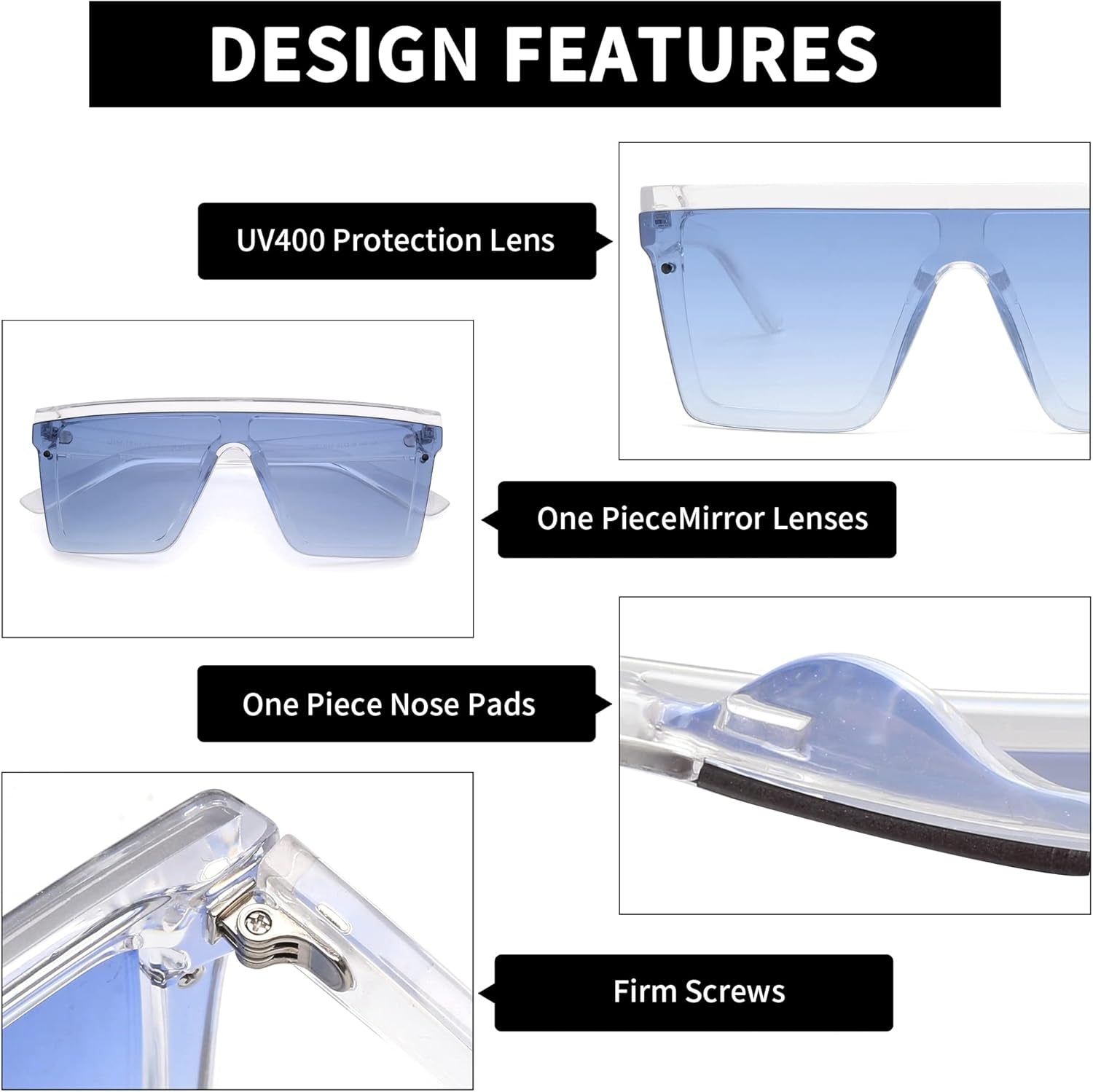 Flat Top Shield Sunglasses Square Mirror Rimless Glasses for Women Men