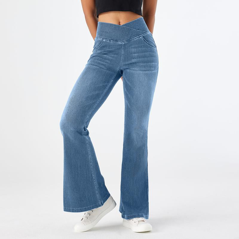 Oqqfitness Women'S High Waisted Crossover Bell Bottom Jeans Stretchy Denim with Pockets Flare Leggings Trendy Streetwear Basic Fitted Style