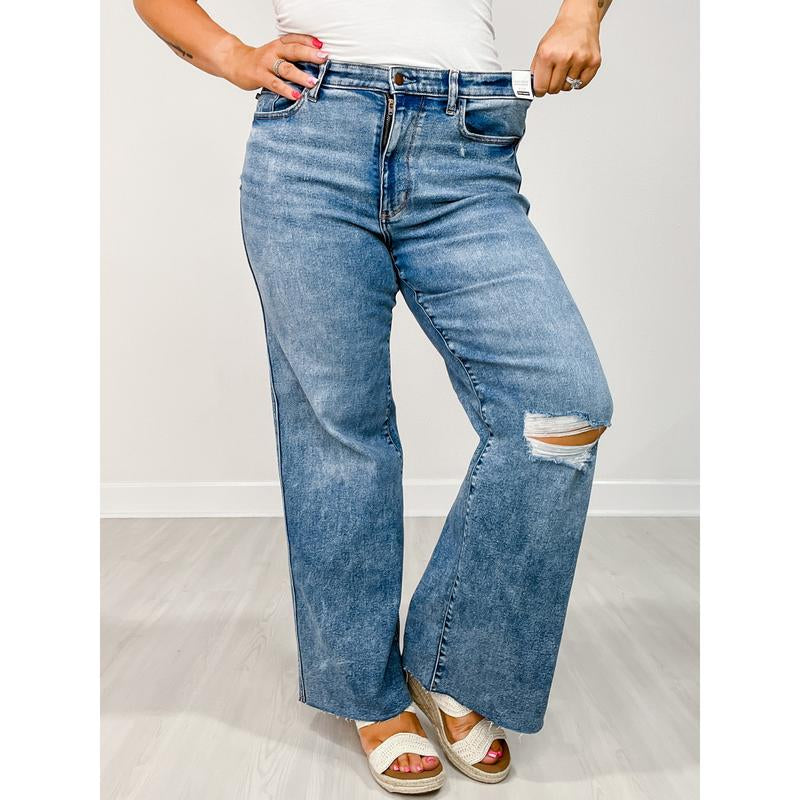 Judy Blue INDIGO RUSH High Rise Wide Leg with Slight Distressing Jeans