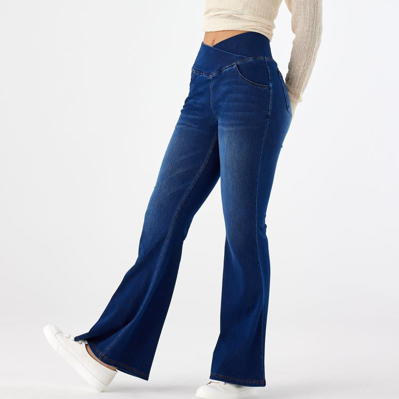 Oqqfitness Women'S High Waisted Crossover Bell Bottom Jeans Stretchy Denim with Pockets Flare Leggings Trendy Streetwear Basic Fitted Style