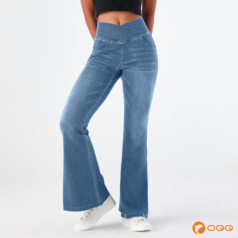 Oqqfitness Women'S High Waisted Crossover Bell Bottom Jeans Stretchy Denim with Pockets Flare Leggings Trendy Streetwear Basic Fitted Style