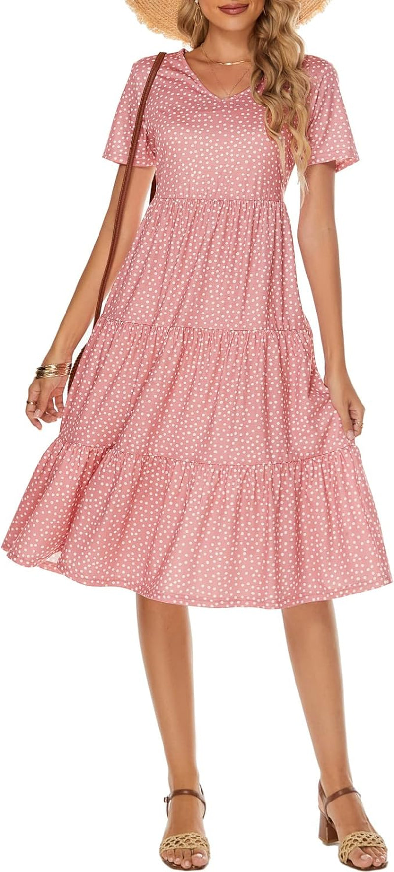 Women'S Casual Summer Tiered Midi Dress 2025 Short Sleeve V-Neck Loose Cotton Ruffle Babydoll Dress Boho Sundress