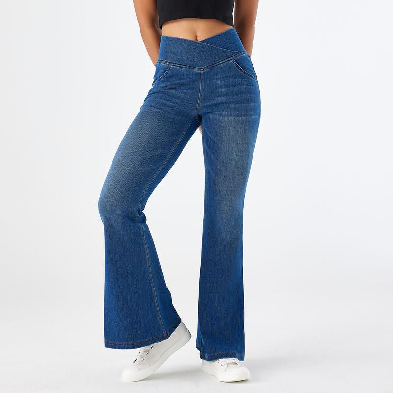Oqqfitness Women'S High Waisted Crossover Bell Bottom Jeans Stretchy Denim with Pockets Flare Leggings Trendy Streetwear Basic Fitted Style