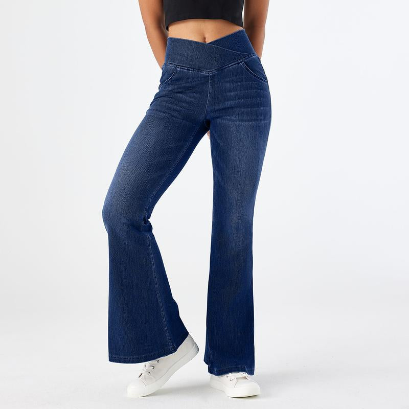 Oqqfitness Women'S High Waisted Crossover Bell Bottom Jeans Stretchy Denim with Pockets Flare Leggings Trendy Streetwear Basic Fitted Style