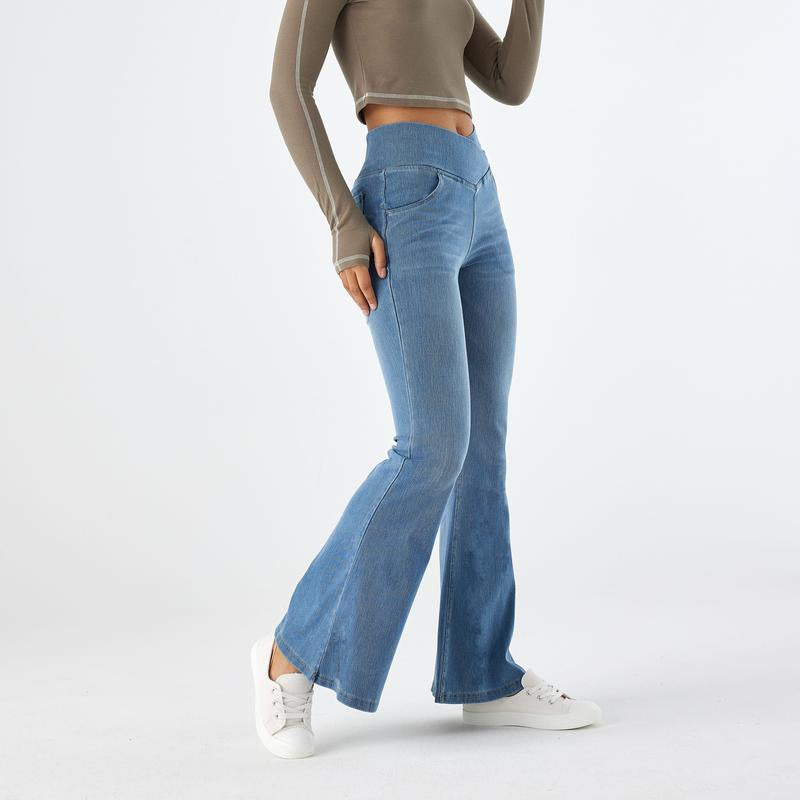 Oqqfitness Women'S High Waisted Crossover Bell Bottom Jeans Stretchy Denim with Pockets Flare Leggings Trendy Streetwear Basic Fitted Style