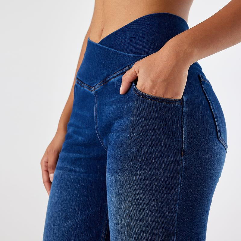 Oqqfitness Women'S High Waisted Crossover Bell Bottom Jeans Stretchy Denim with Pockets Flare Leggings Trendy Streetwear Basic Fitted Style