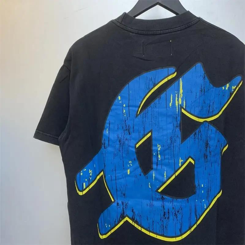 GODSPEED Retro Graffiti Heavy Water Washed Vintage Doberman Inu Printed Youth Men'S and Women'S Trendy Short Sleeved T-Shirt