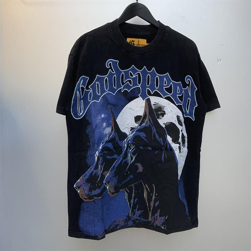 GODSPEED Retro Graffiti Heavy Water Washed Vintage Doberman Inu Printed Youth Men'S and Women'S Trendy Short Sleeved T-Shirt