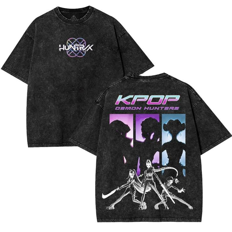K-Pop Demon Hunters Huntrix Shirt Vintage Washed Oversized Graphic Tee Unisex Heavyweight Cotton T-Shirt, Huntrix Korean Steetwear Tshirt, Summer Outfit