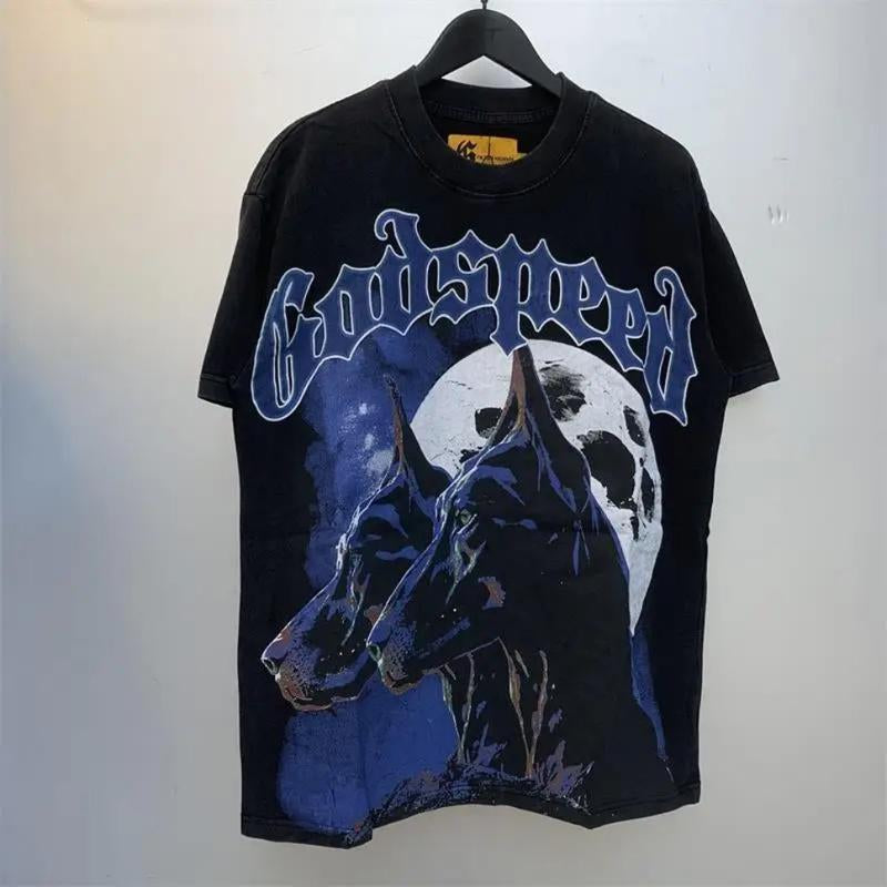 GODSPEED Retro Graffiti Heavy Water Washed Vintage Doberman Inu Printed Youth Men'S and Women'S Trendy Short Sleeved T-Shirt