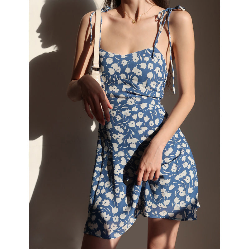 Floral Skirt Waist Tie Suspender Skirt Holiday Style Dress Short Skirt Women