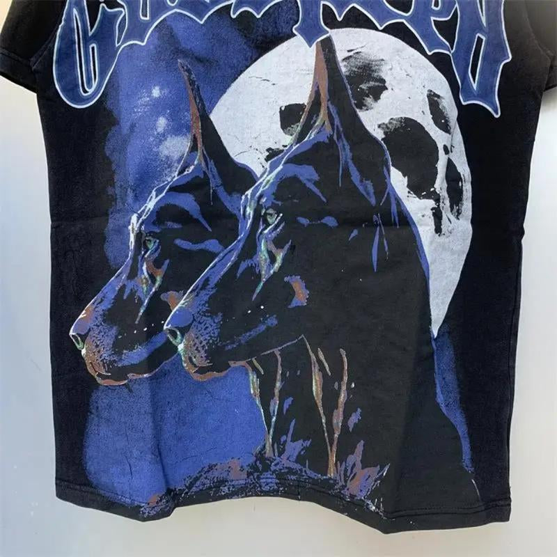 GODSPEED Retro Graffiti Heavy Water Washed Vintage Doberman Inu Printed Youth Men'S and Women'S Trendy Short Sleeved T-Shirt