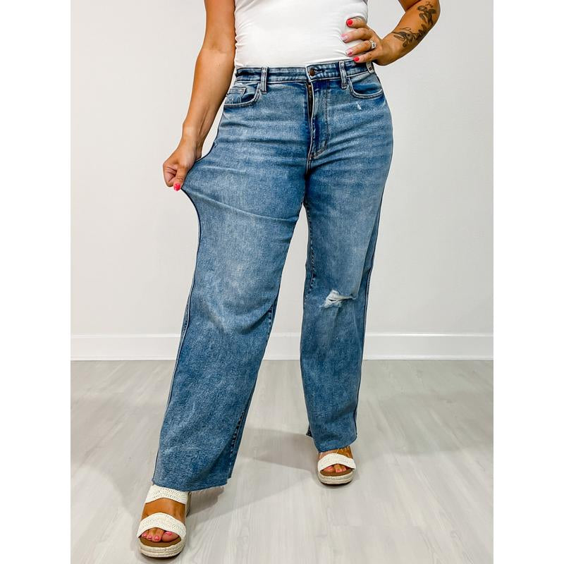 Judy Blue INDIGO RUSH High Rise Wide Leg with Slight Distressing Jeans